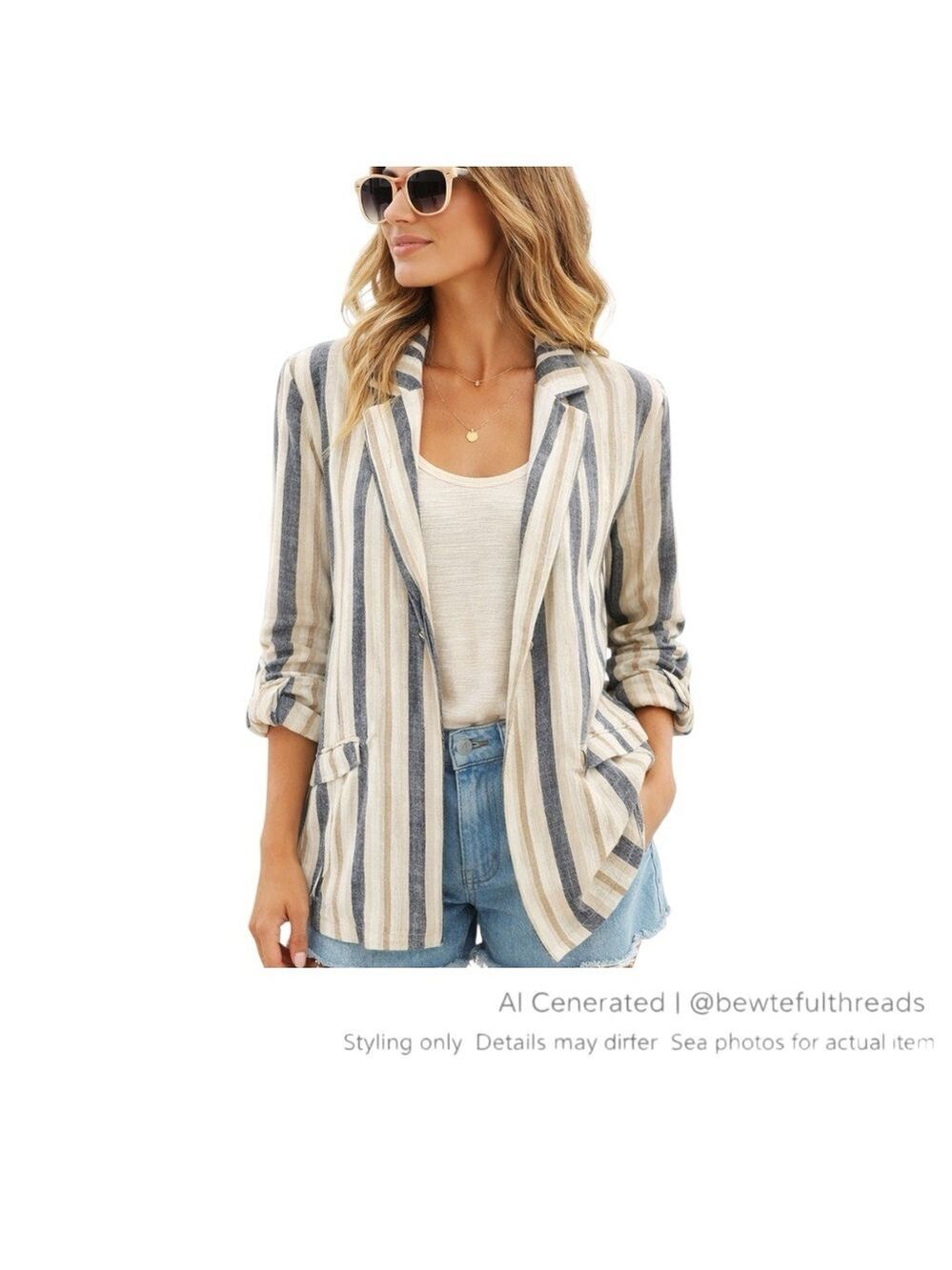 Coastal Striped Linen Blend Blazer Jacket Blue Cream Resort Layer Small / medium